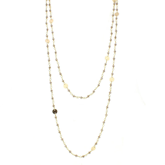 60" Greige Wire Wrapped Link Necklace with Gold Disks and Lobster Claw