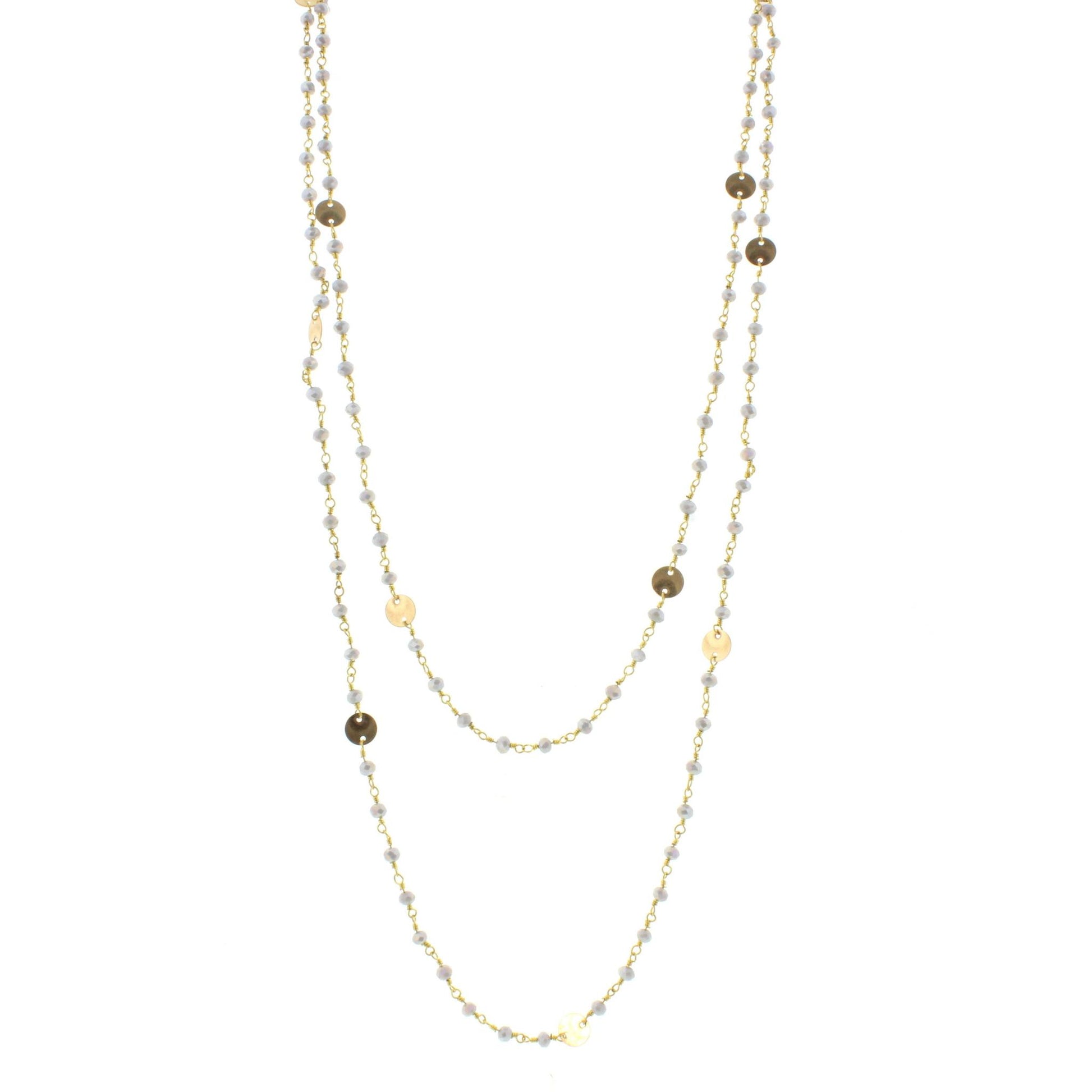 60" Grey Wire Wrapped Link Necklace with Gold Disks and Lobster Claw