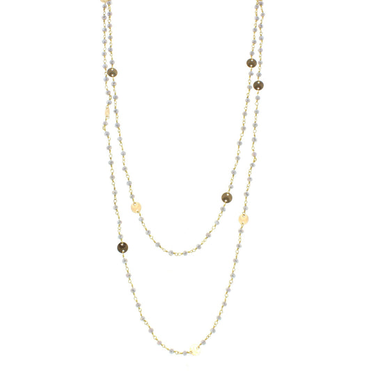 60" Grey Wire Wrapped Link Necklace with Gold Disks and Lobster Claw
