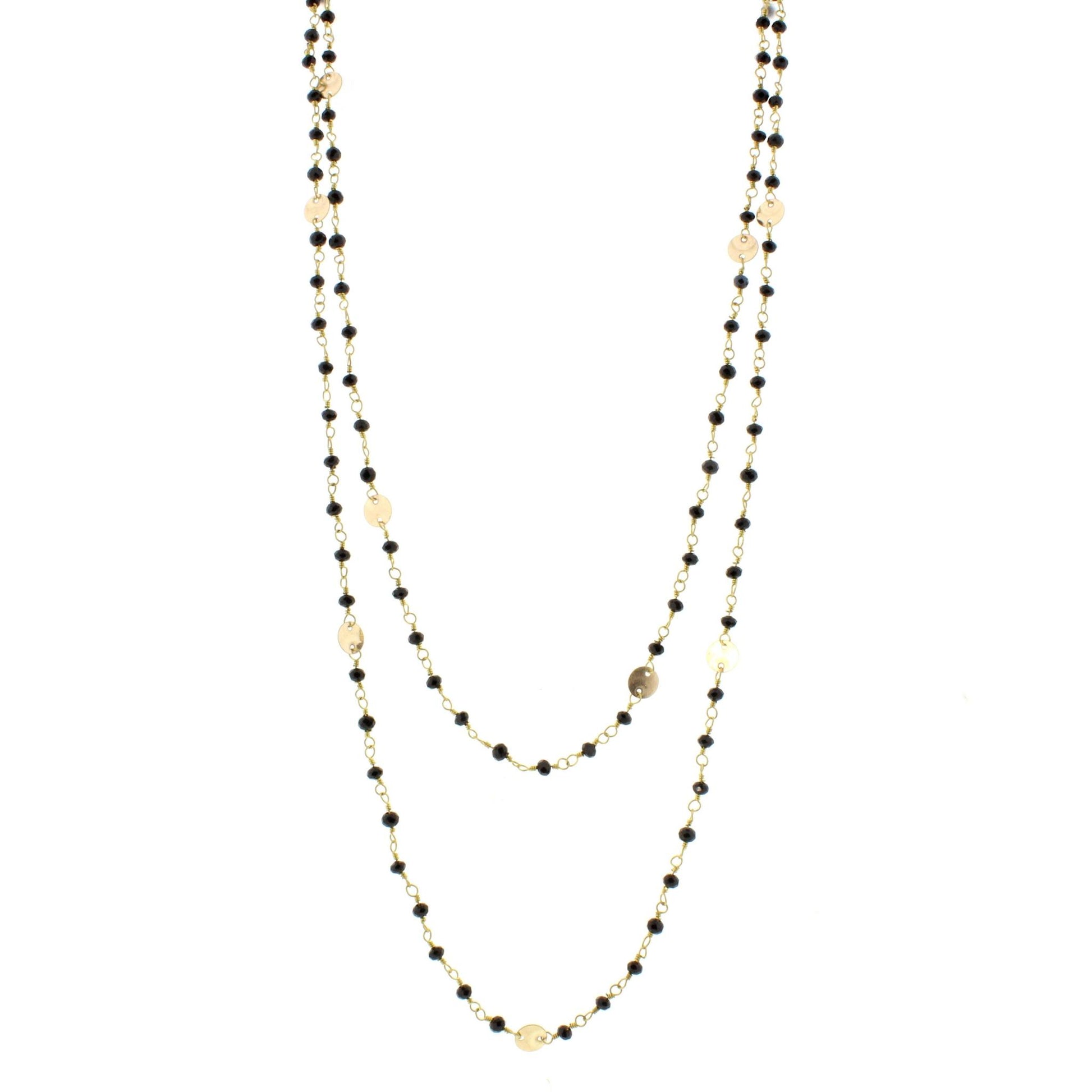60" Jet Wire Wrapped Link Necklace with Gold Disks and Lobster Claw