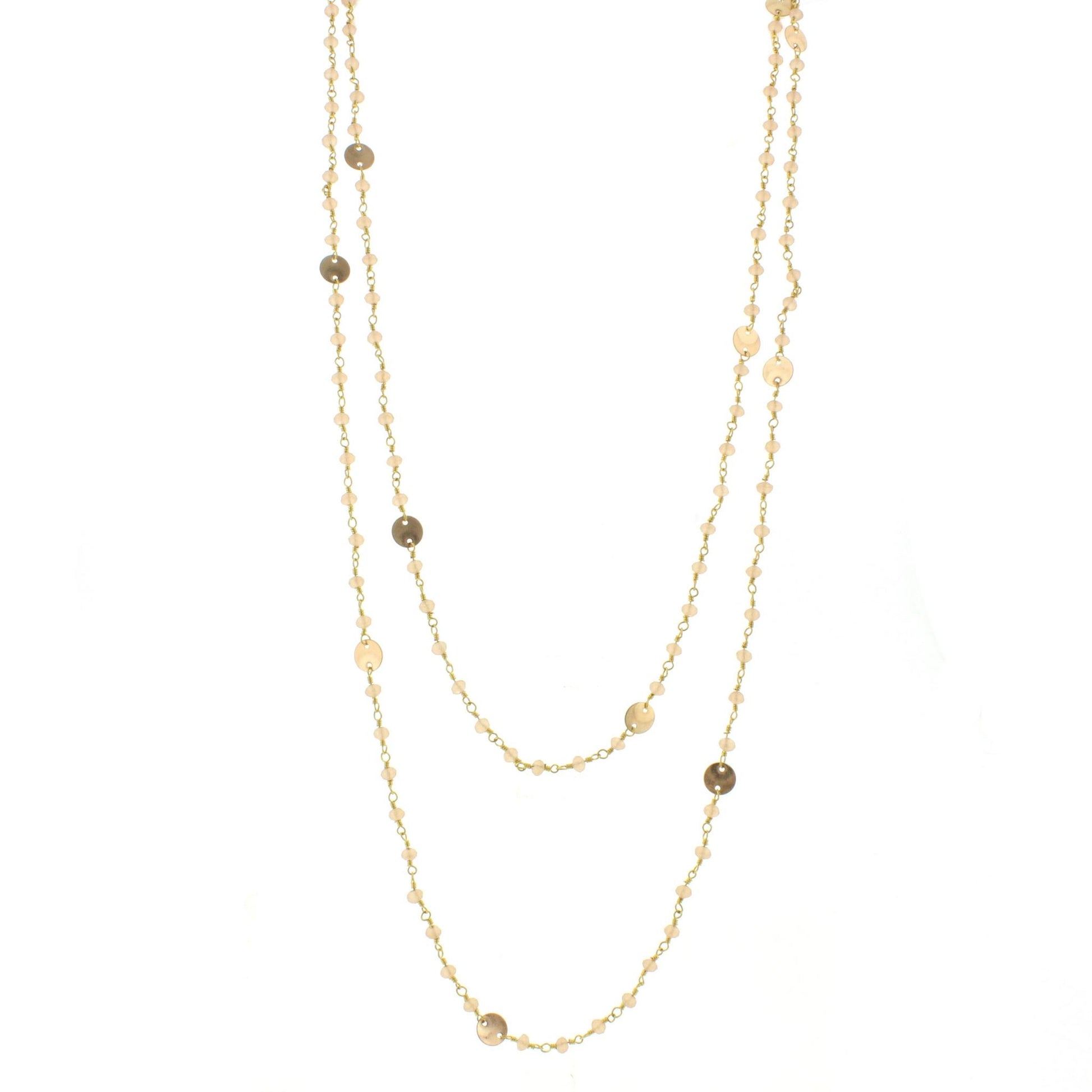 60" Matte Champagne Wire Wrapped Link Necklace with Gold Disks and Lobster Claw