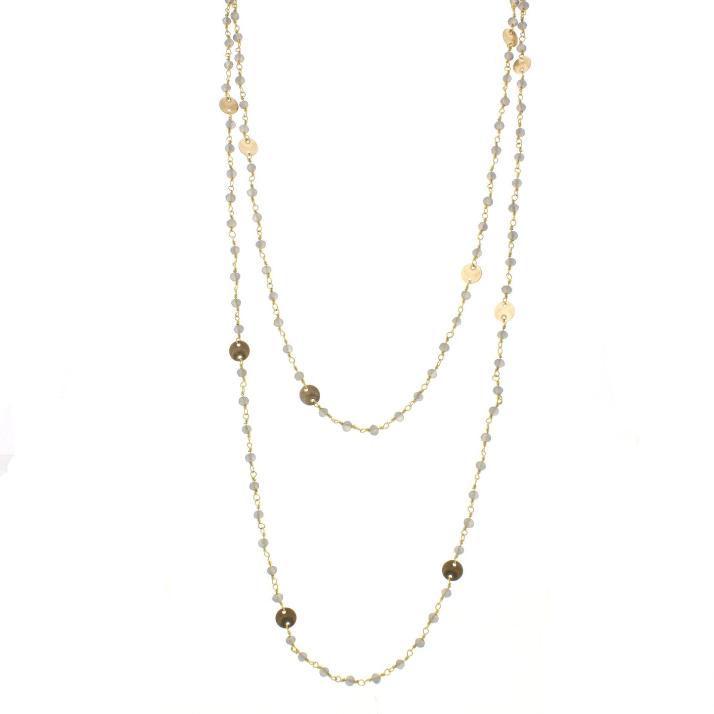 60" Matte Grey Wire Wrapped Link Necklace with Gold Disks and Lobster Claw