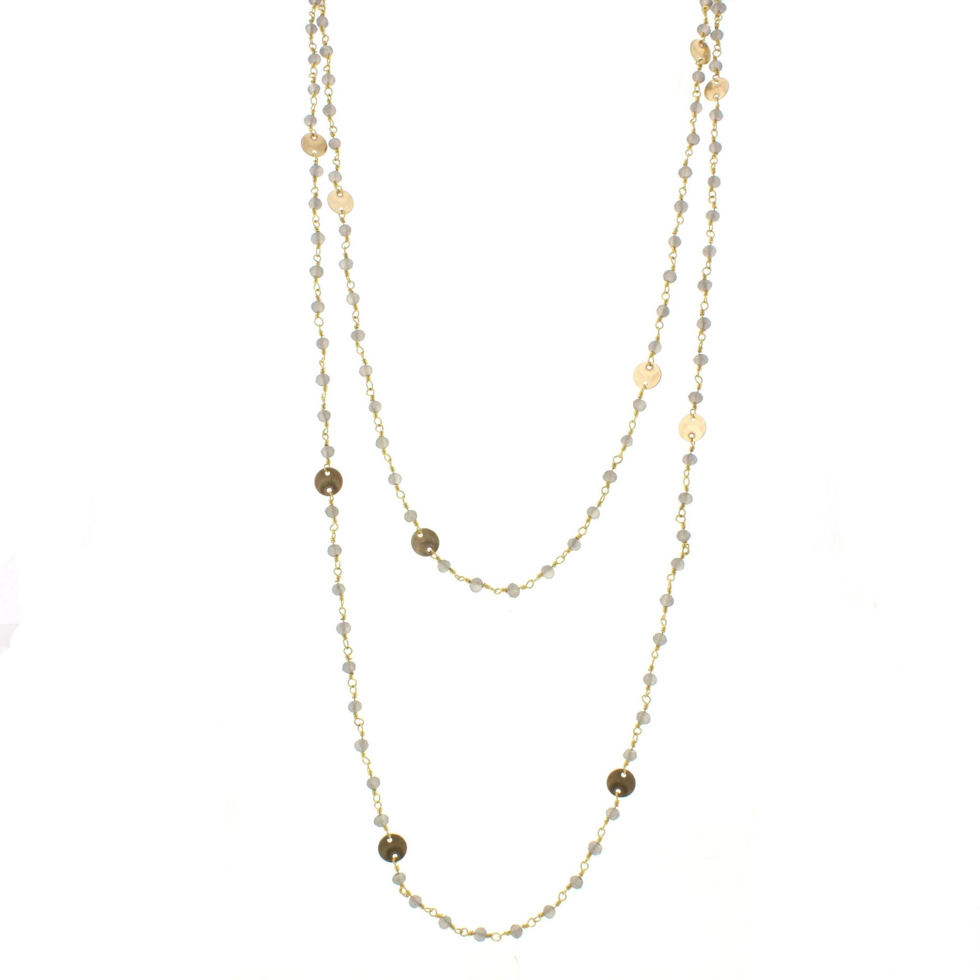 60" Matte Grey Wire Wrapped Link Necklace with Gold Disks and Lobster Claw