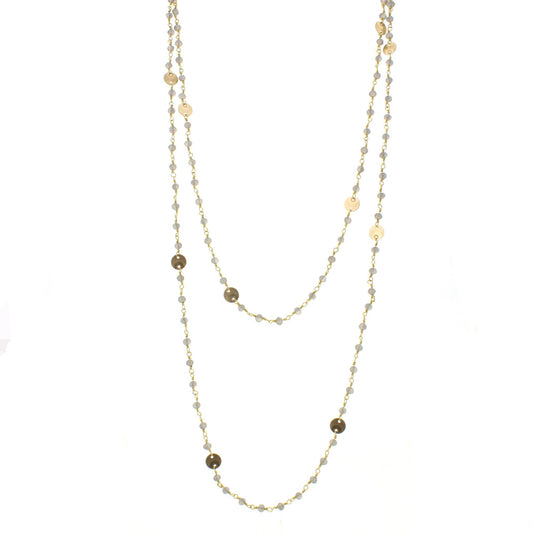 60" Matte Grey Wire Wrapped Link Necklace with Gold Disks and Lobster Claw