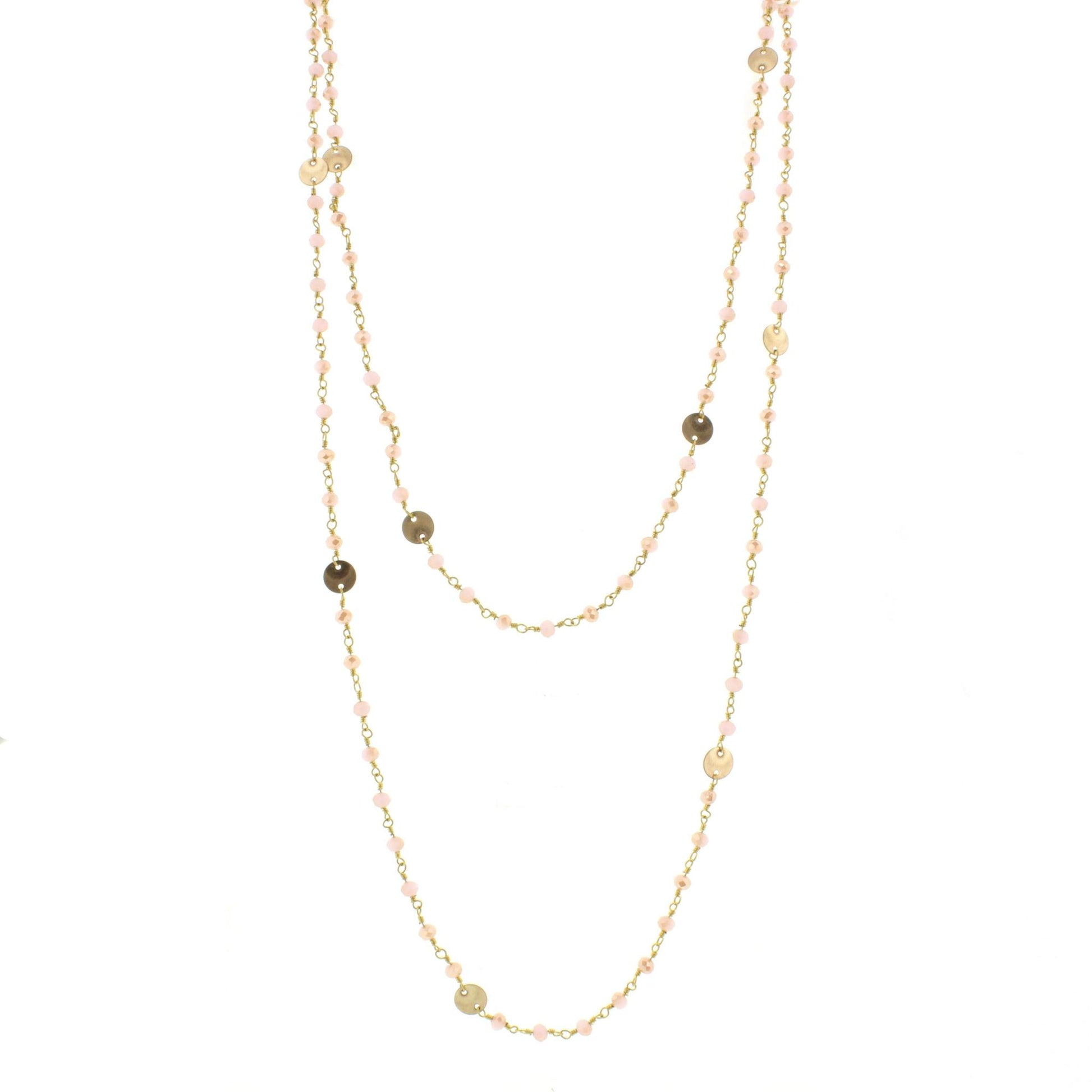 60" 2-Tone Pink/Champagne Wire Wrapped Link necklace with Gold Disks and Lobster Claw