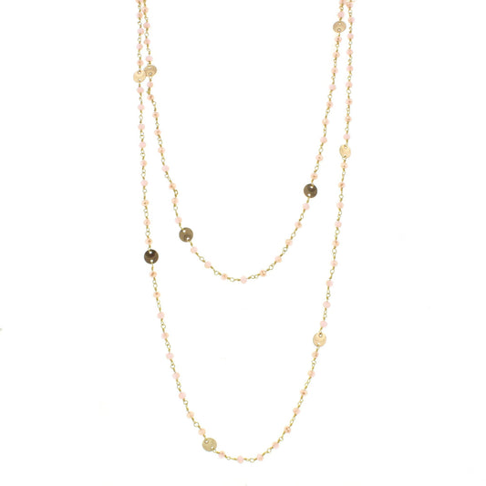 60" 2-Tone Pink/Champagne Wire Wrapped Link necklace with Gold Disks and Lobster Claw