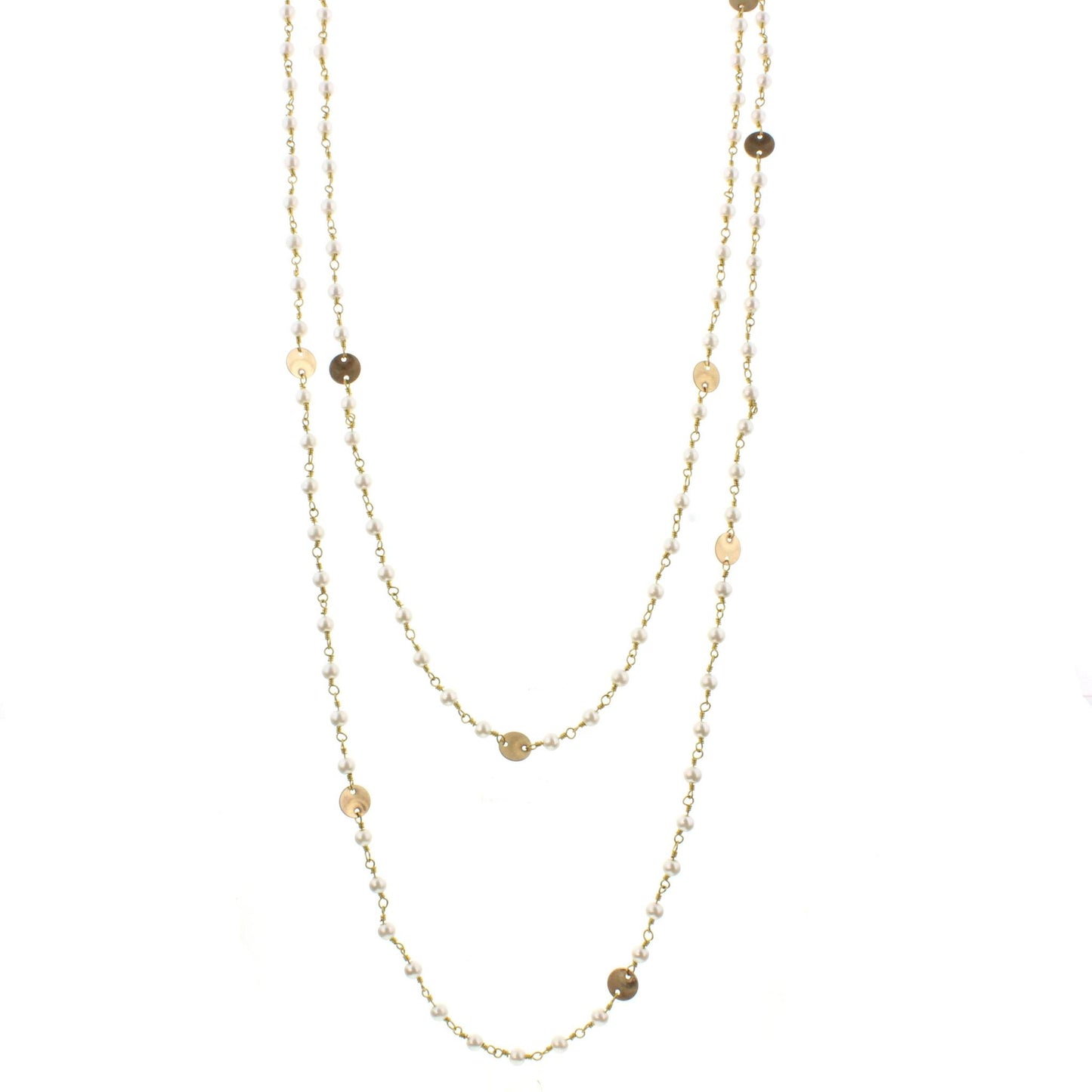 60" Pearl Wire Wrapped Link Necklace with Gold Disks and Lobster Claw