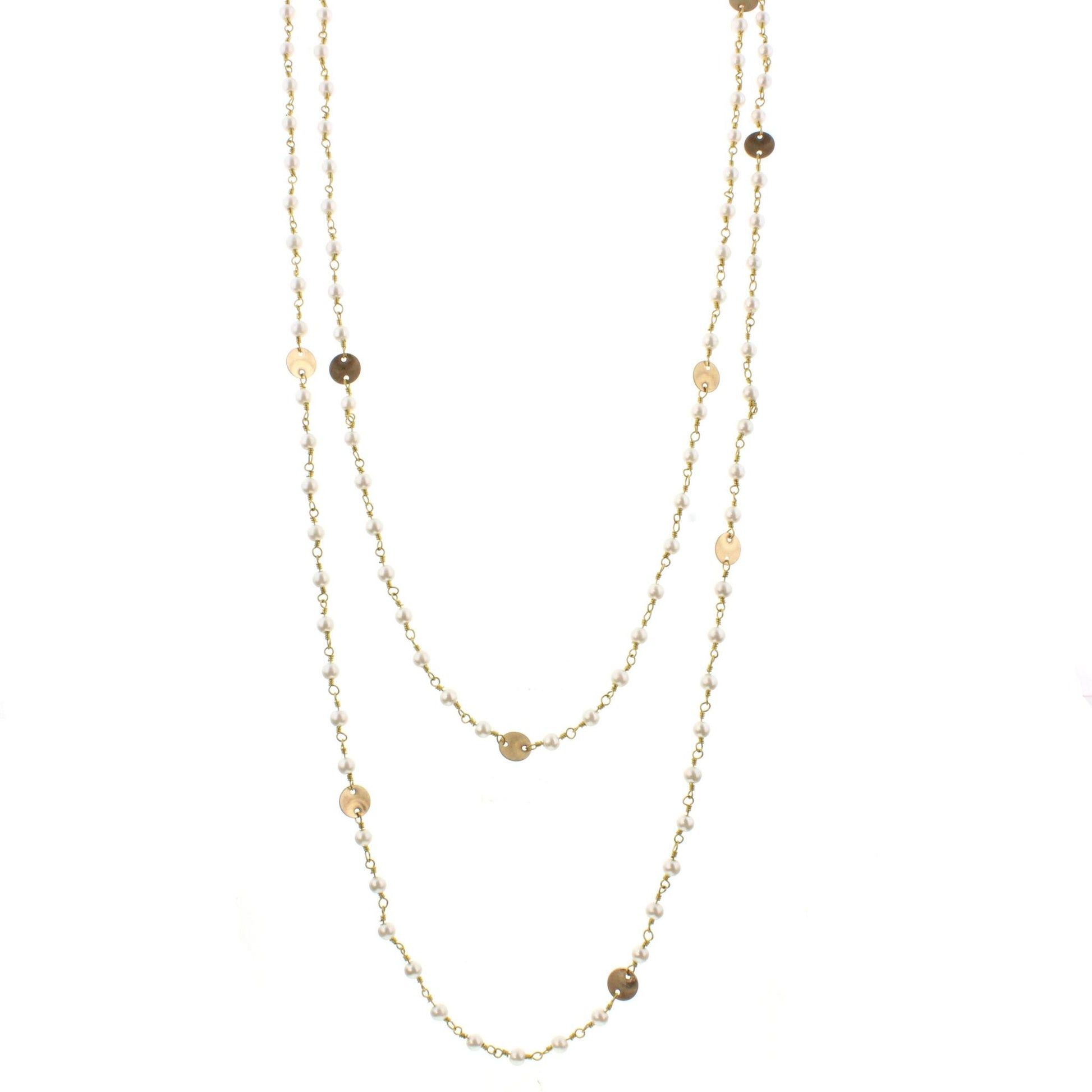 60" Pearl Wire Wrapped Link Necklace with Gold Disks and Lobster Claw