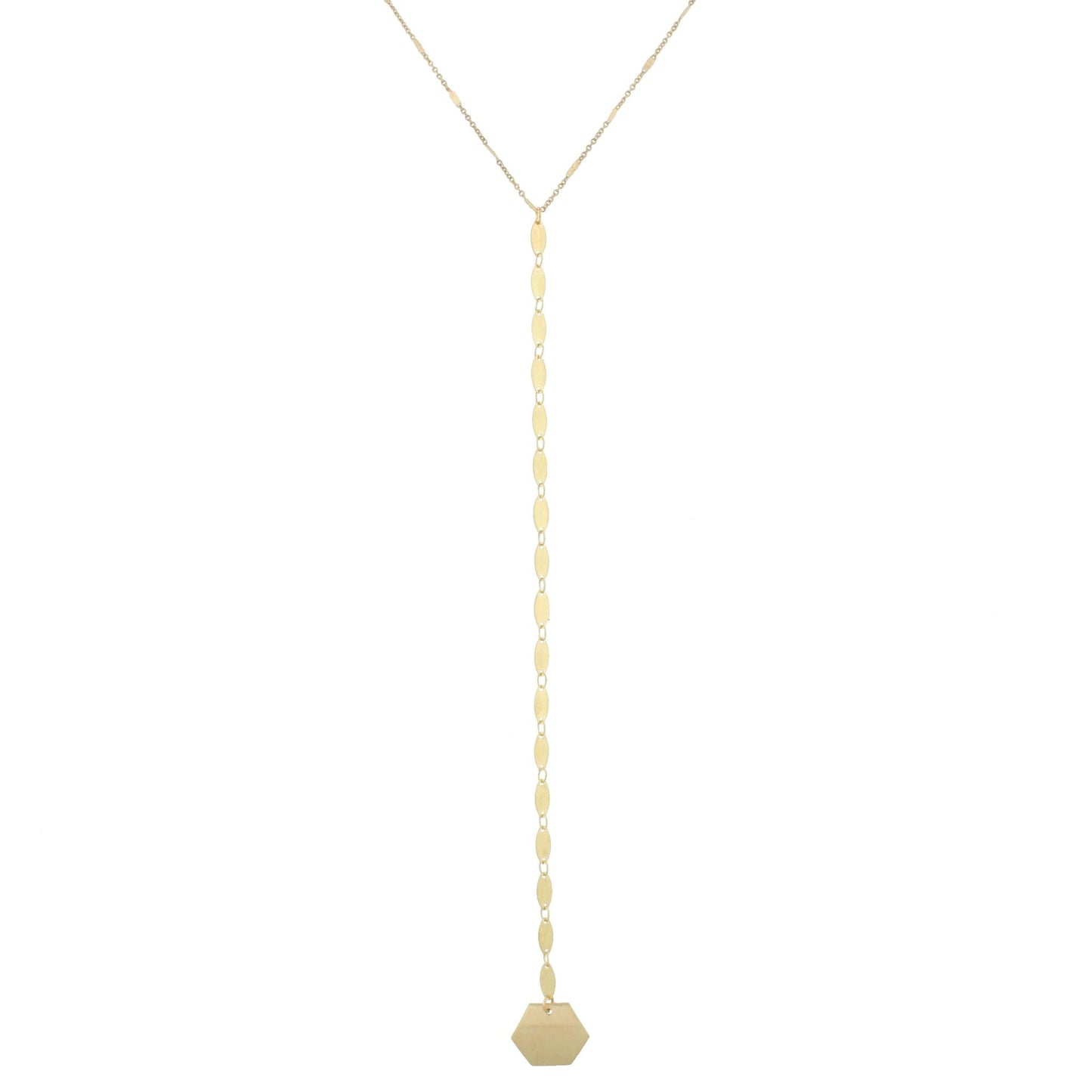 30" Gold Oval Y Drop Necklace with Hexagon Charm