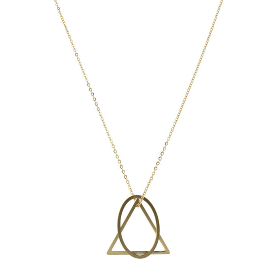 32" Gold Chain Necklace with Gold Triangle and Oval Layered Icons, 3" Ext