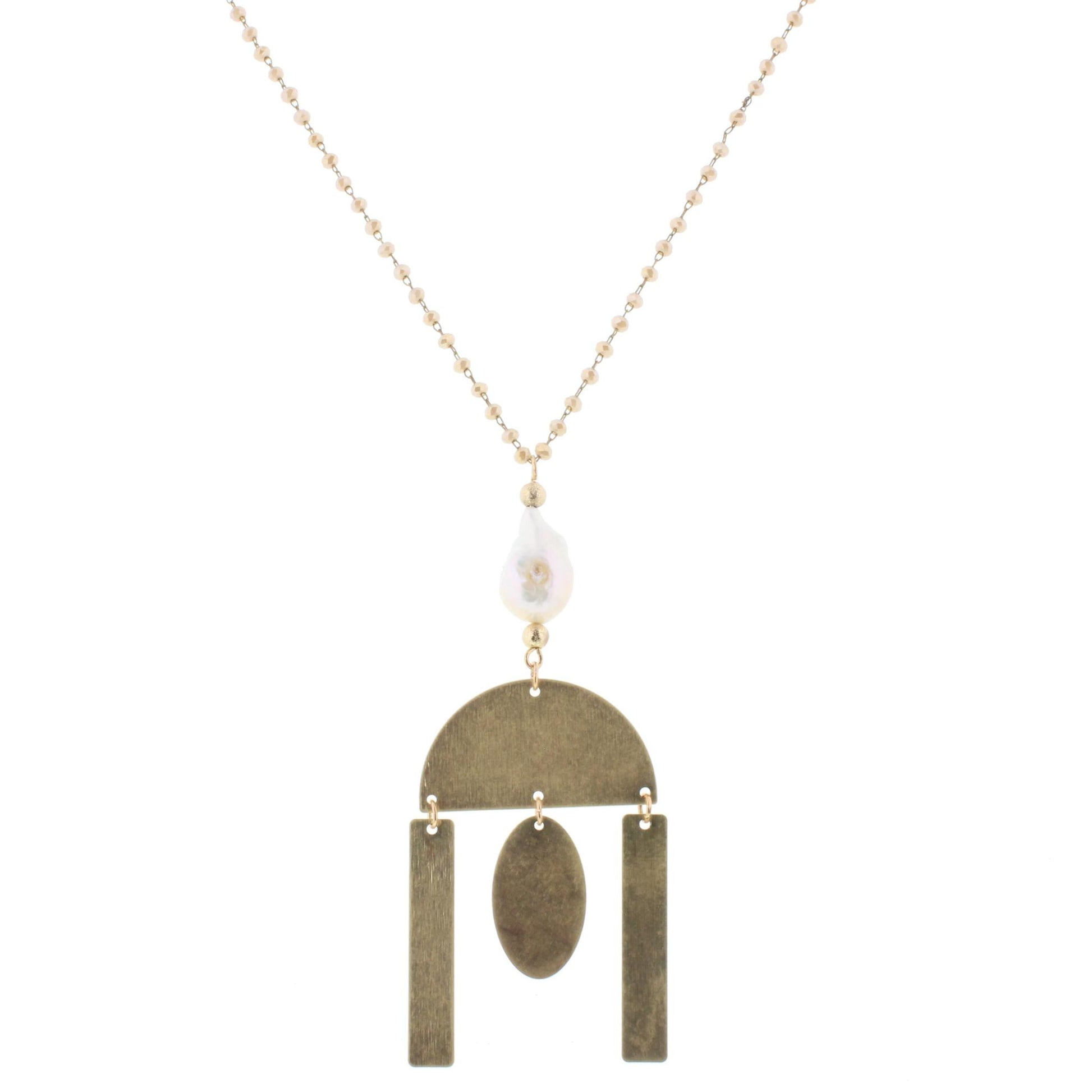 30" Delicate Champagne Linked Necklace with Baroque Pearl and Multi Shape Dangles, 3" Ext