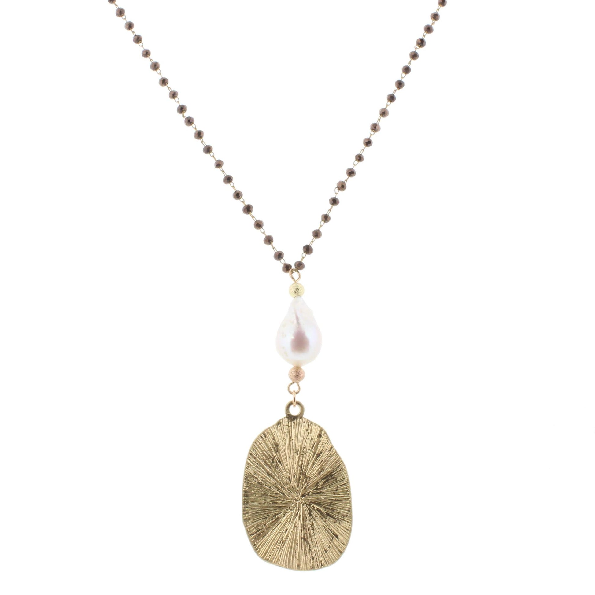 30" Delicate Chocolate Linked Necklace with Baroque Pearl and Oval, 3" Ext
