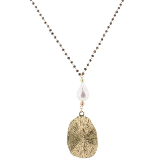 30" Delicate Chocolate Linked Necklace with Baroque Pearl and Oval, 3" Ext