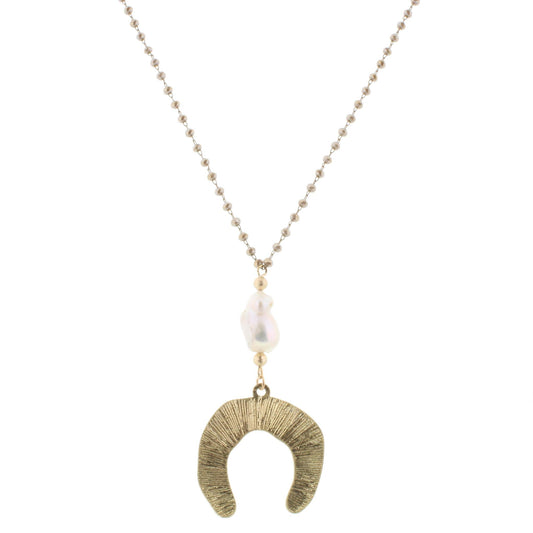 30" Delicate Greige Linked Necklace with Baroque Pearl and Crescent, 3" Ext