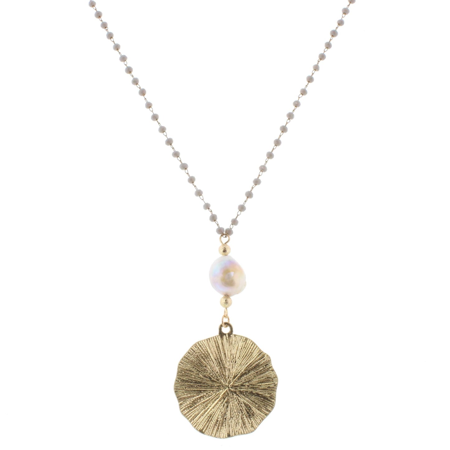 30" Delicate Grey Linked Necklace with Baroque Grey and Circle, 3" Ext
