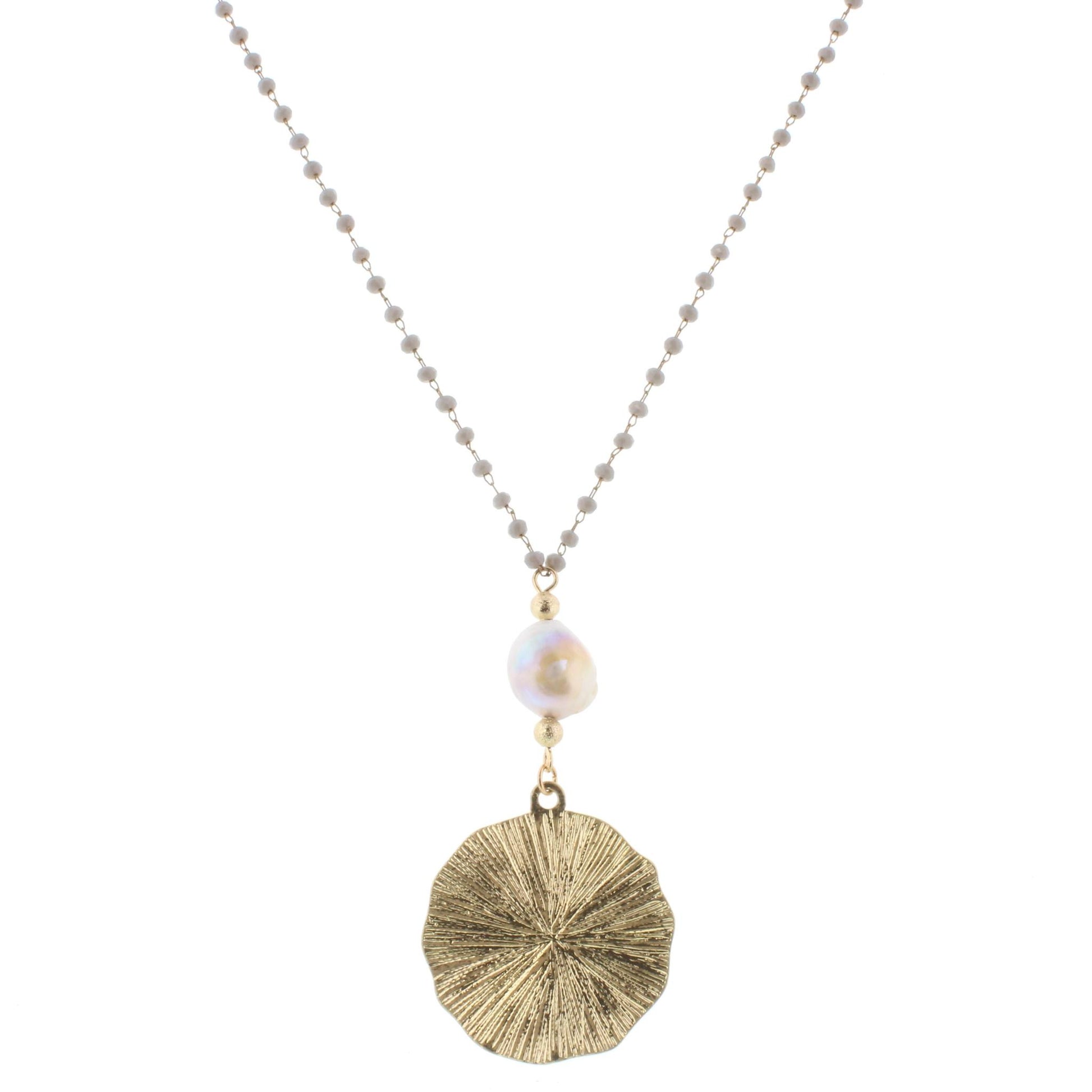 30" Delicate Grey Linked Necklace with Baroque Grey and Circle, 3" Ext