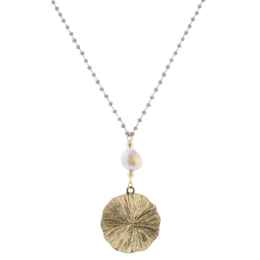 30" Delicate Grey Linked Necklace with Baroque Grey and Circle, 3" Ext