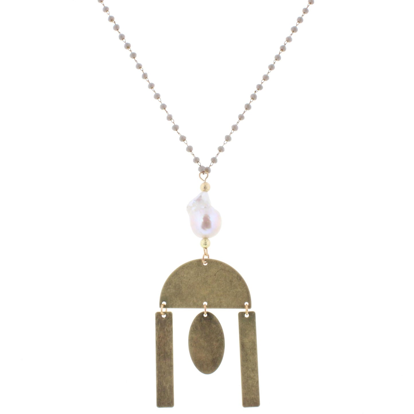 30" Delicate Grey Linked Necklace with Baroque Pearl and Multi Shape Dangles, 3"Ext