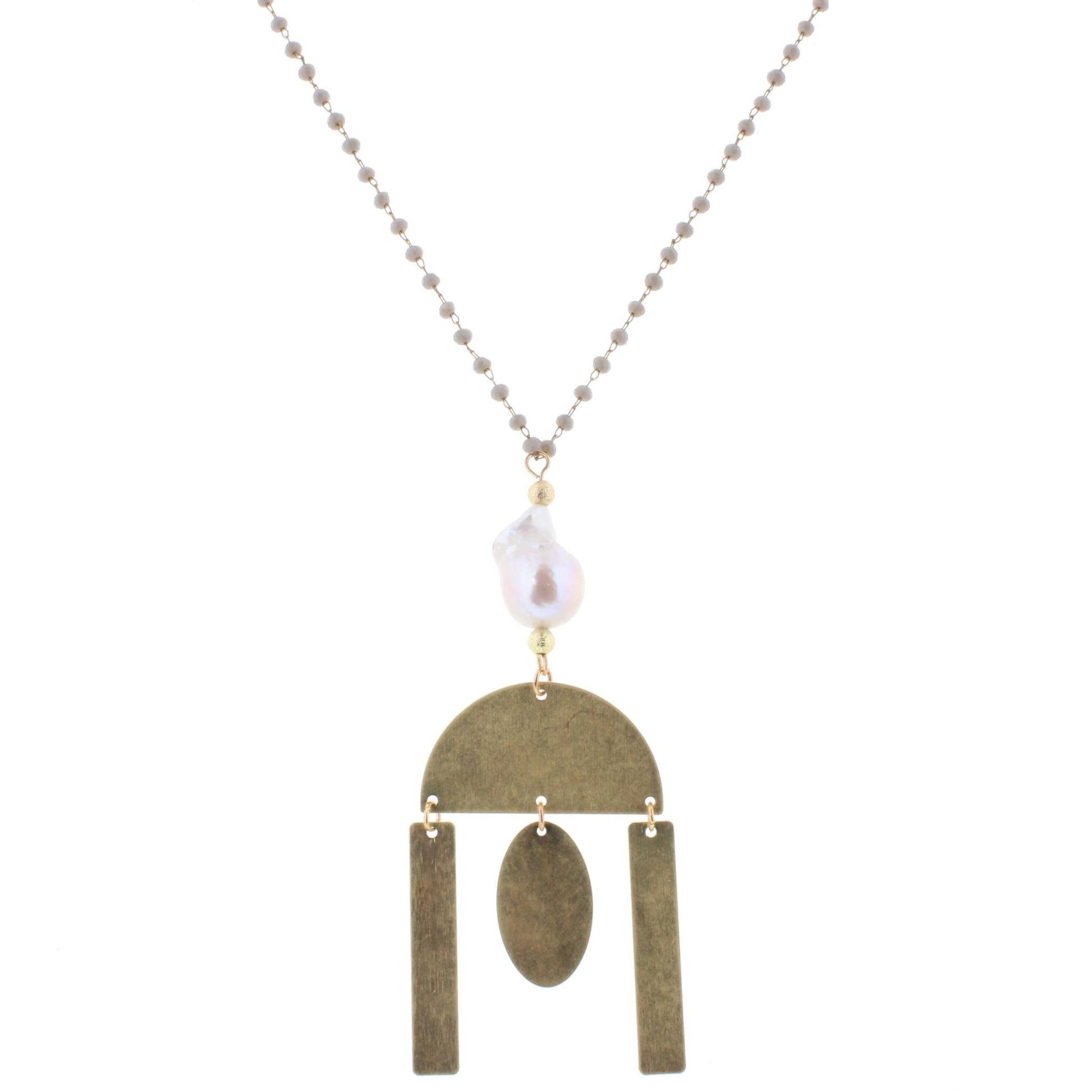 30" Delicate Grey Linked Necklace with Baroque Pearl and Multi Shape Dangles, 3"Ext