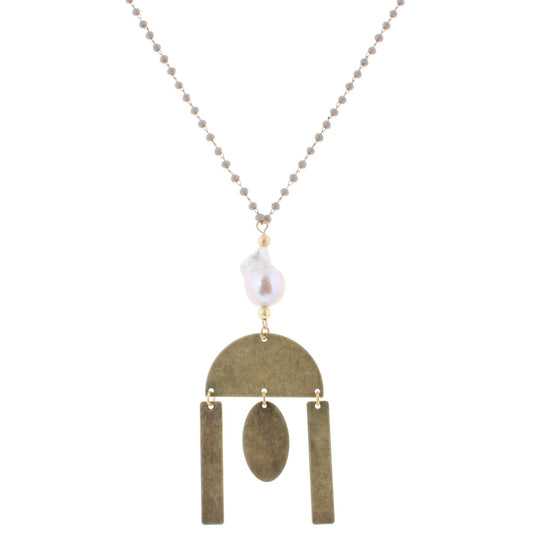 30" Delicate Grey Linked Necklace with Baroque Pearl and Multi Shape Dangles, 3"Ext