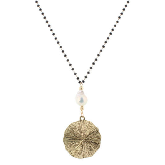 30" Delicate Jet Linked Necklace with Baroque Pearl and Circle, 3" Ext