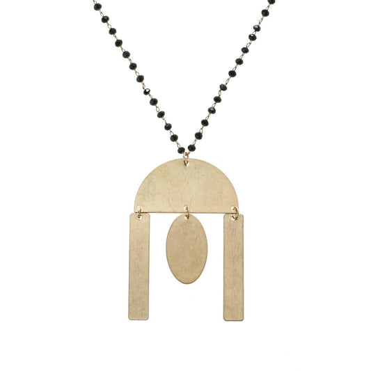 32" Delicate Black Linked Necklace with Gold Semi Circle with Multi Shape Dangles, 3" Ext
