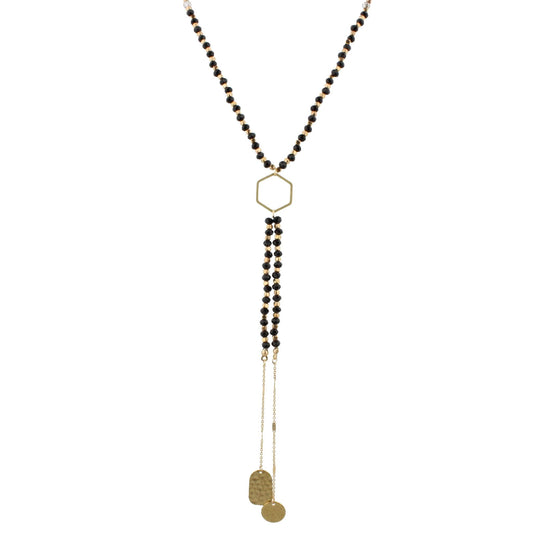 32" Black Beaded, Hexagon Y Necklace with Two Strand Dangles, 3" Ext