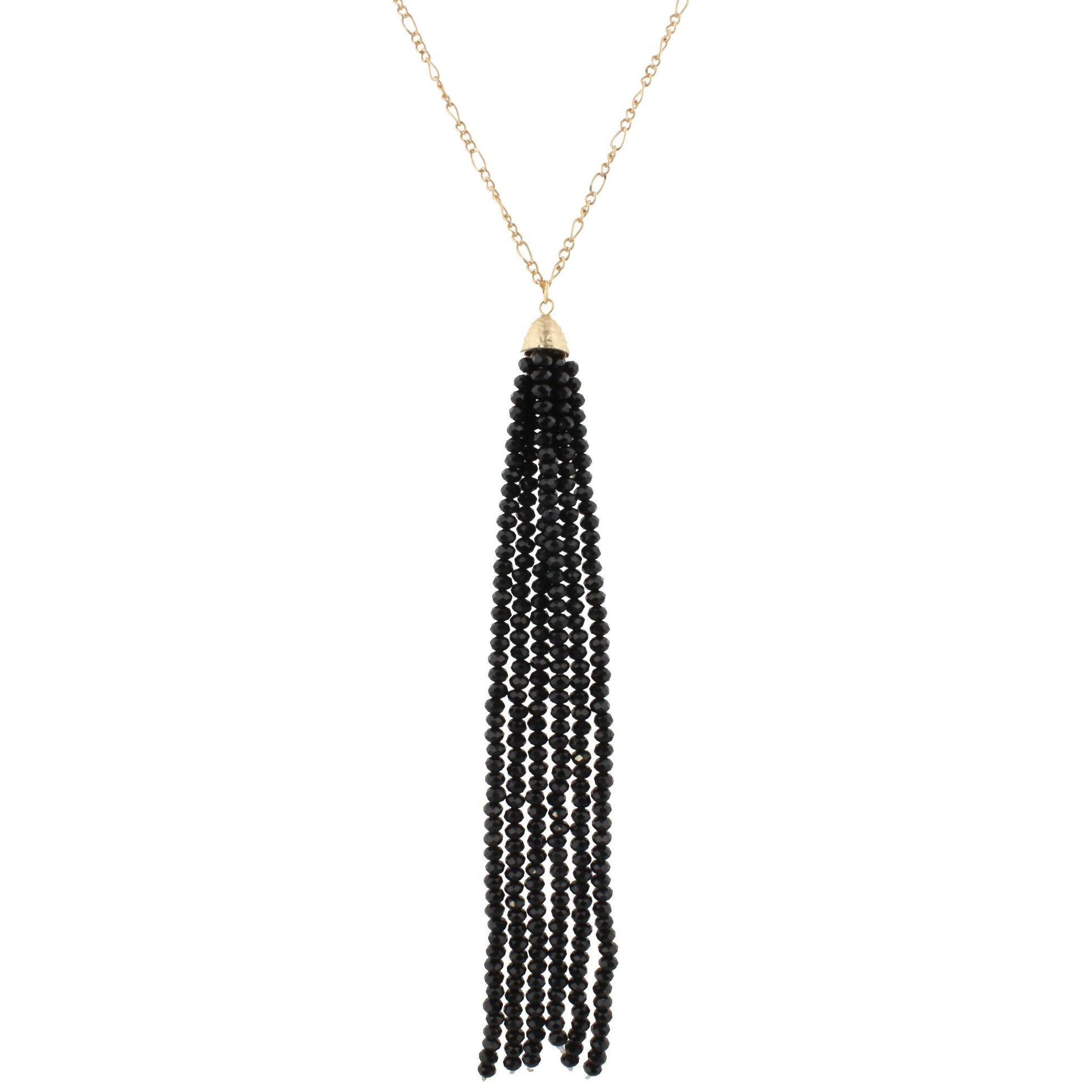 32" Gold Chain Necklace with Black 6.5" Beaded Tassel, 3" Ext
