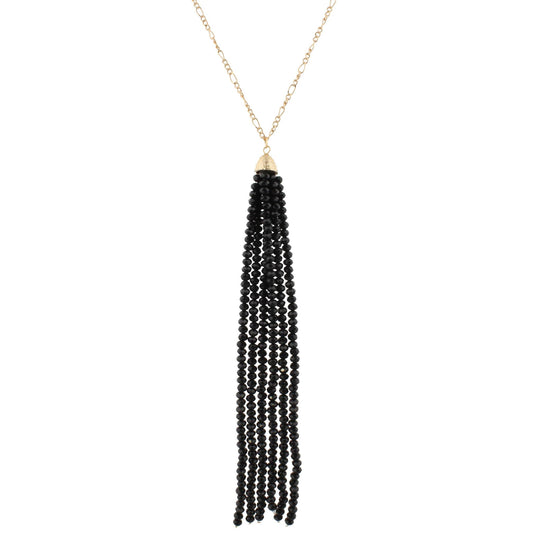 32" Gold Chain Necklace with Black 6.5" Beaded Tassel, 3" Ext