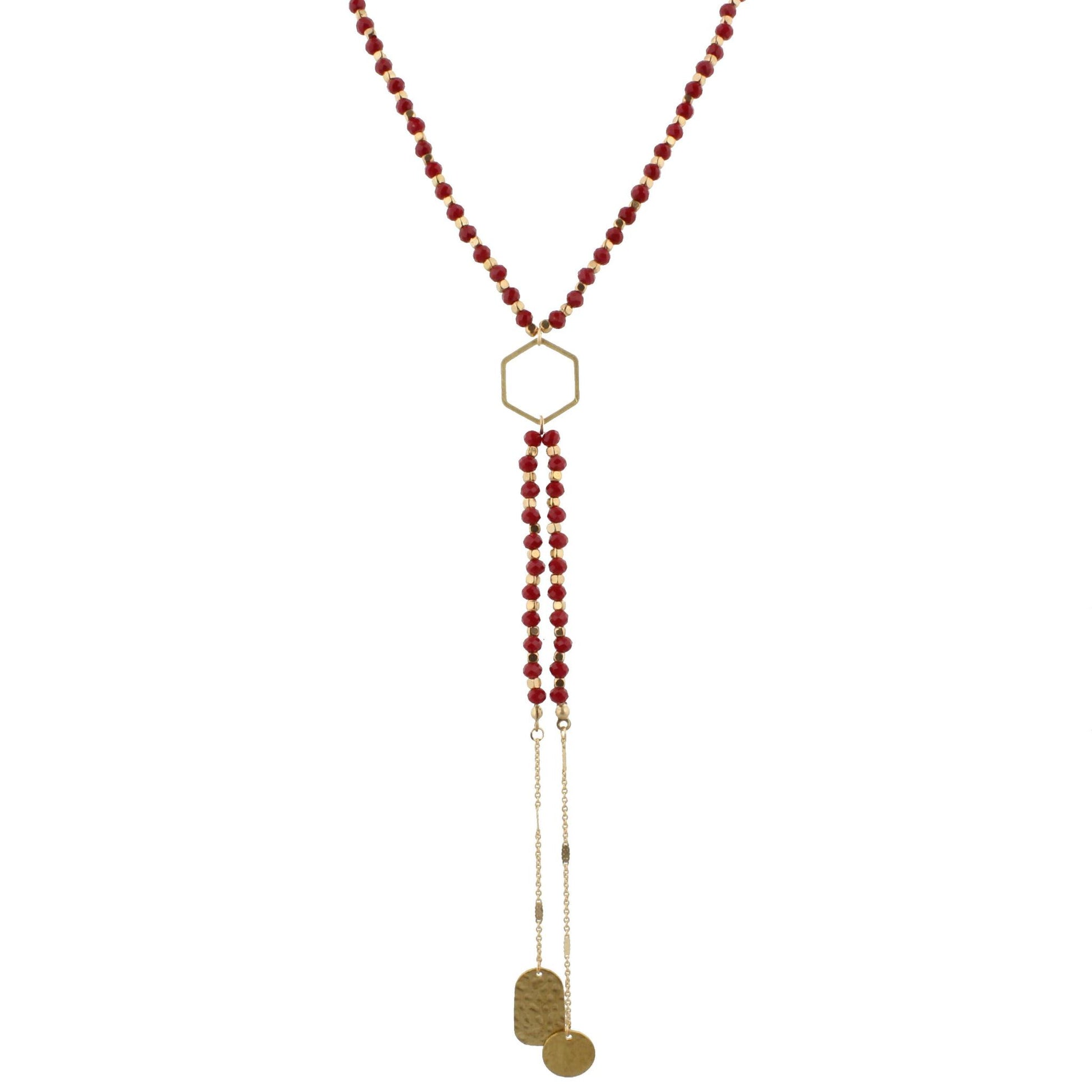 32" Maroon Beaded, Hexagon Y Necklace with Two Strand Dangles, 3" Ext