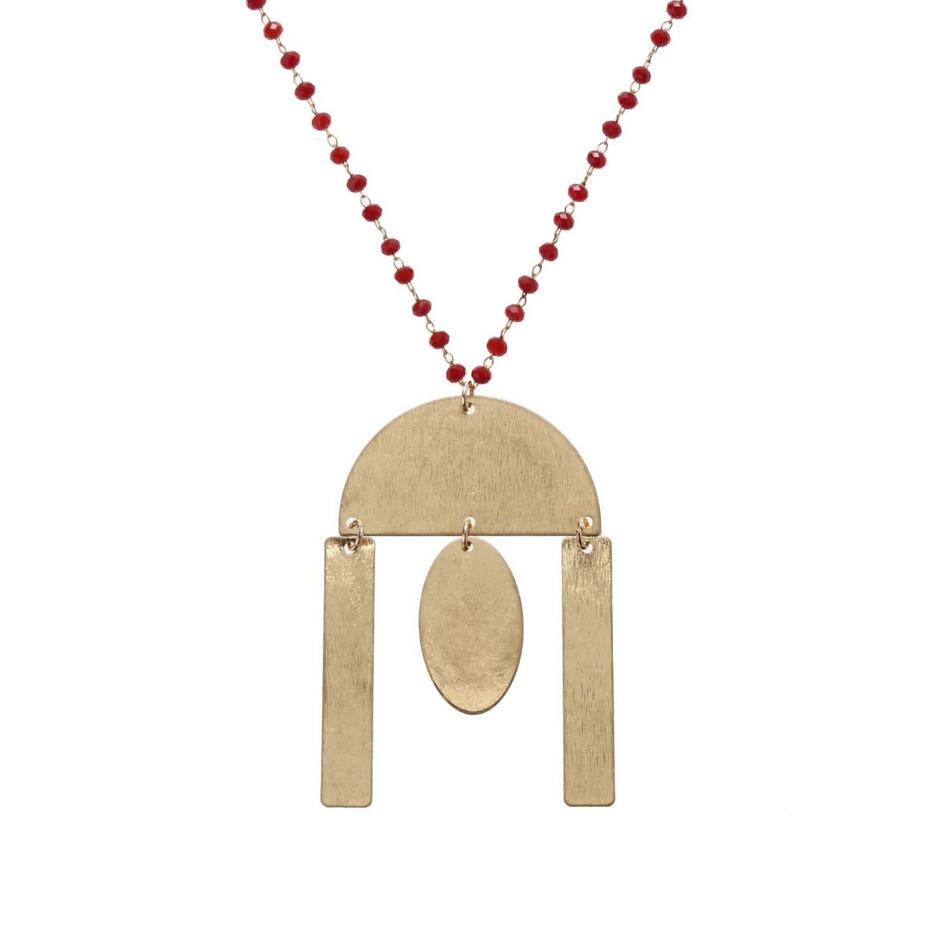 32" Delicate Maroon Linked Necklace with Gold Semi Circle with Multi Shape Dangles, 3" Ext