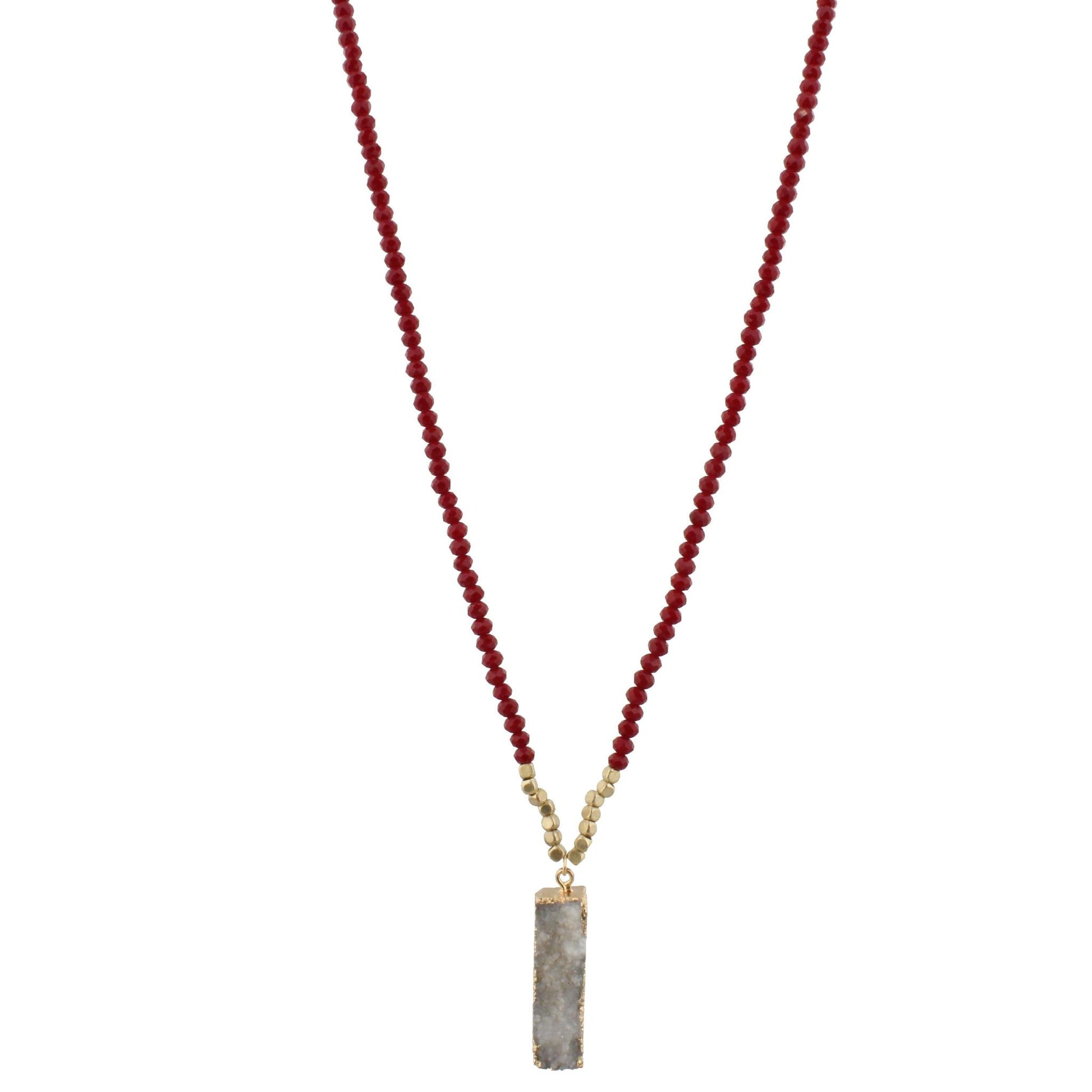 32" Maroon Beaded Necklace with White Druzy Rectangle, 3" Ext
