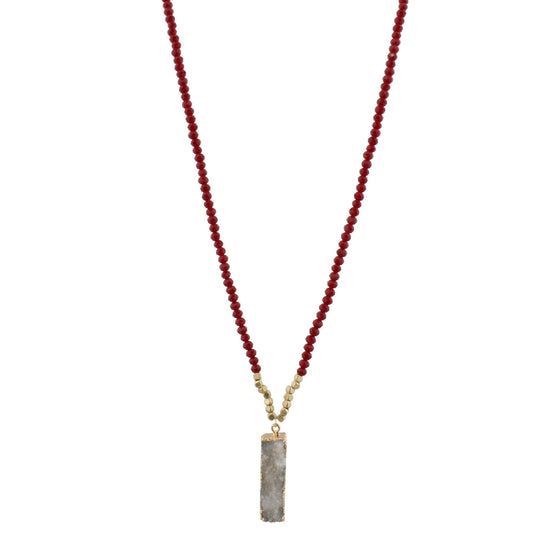 32" Maroon Beaded Necklace with White Druzy Rectangle, 3" Ext