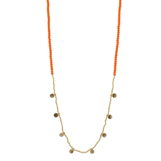 32" Orange Beaded Necklace with Gold Beads and Gold Disks, 3" Ext