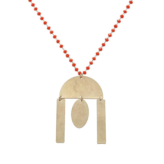 32" Delicate Orange Linked Necklace with Gold Semi Circle with Multi Shape Dangles, 3" Ext