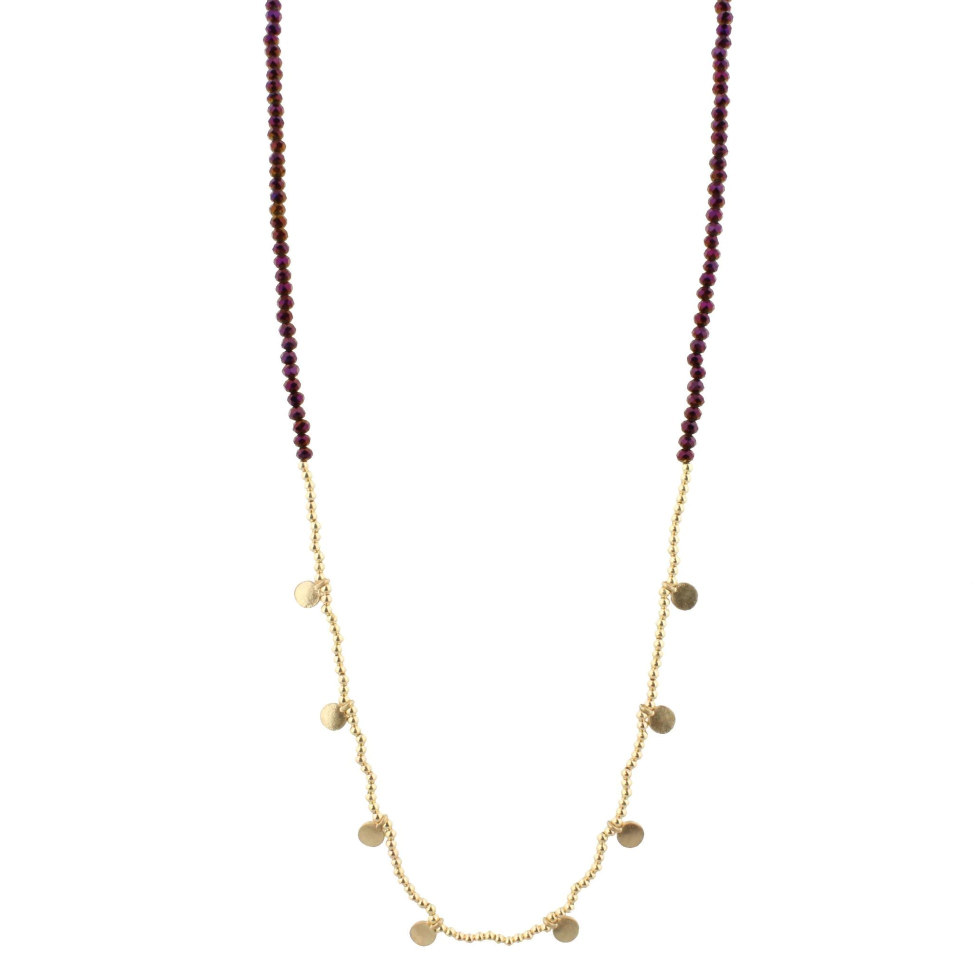 32" Purple Beaded Necklace with Gold Beads and Gold Disks, 3"Ext