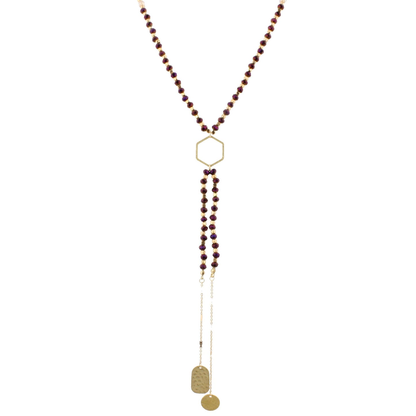 32" Purple Beaded, Hexagon Y Necklace with Two Strand Dangles, 3" Ext