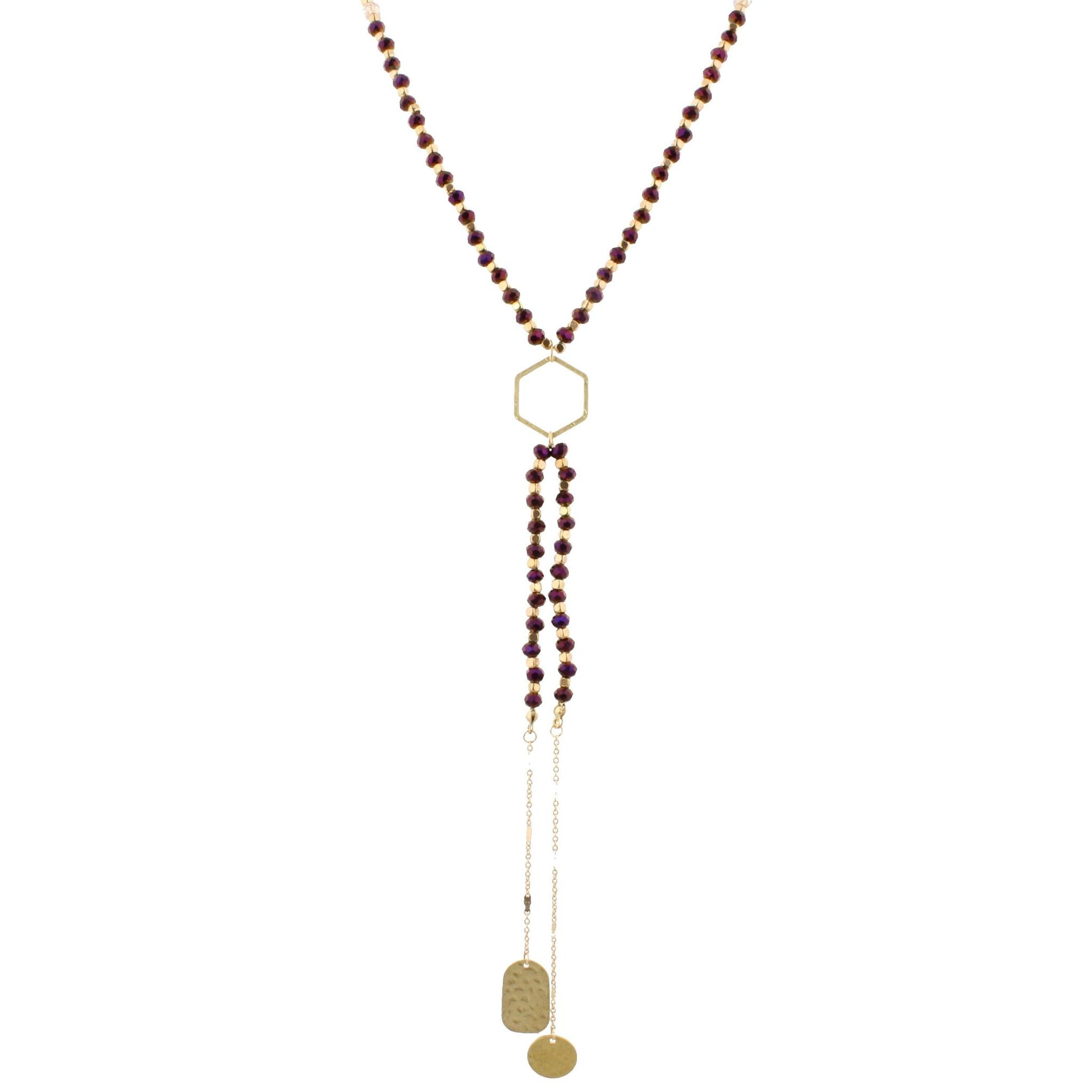 32" Purple Beaded, Hexagon Y Necklace with Two Strand Dangles, 3" Ext
