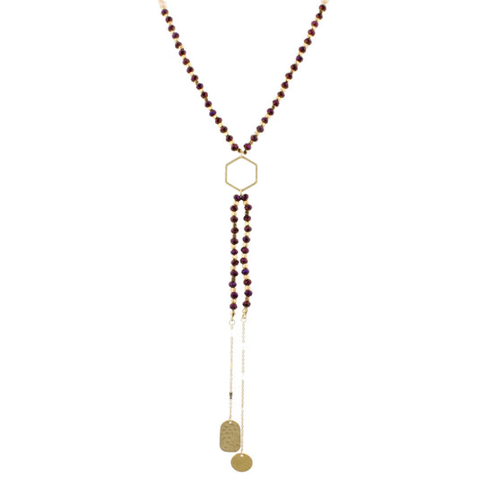 32" Purple Beaded, Hexagon Y Necklace with Two Strand Dangles, 3" Ext