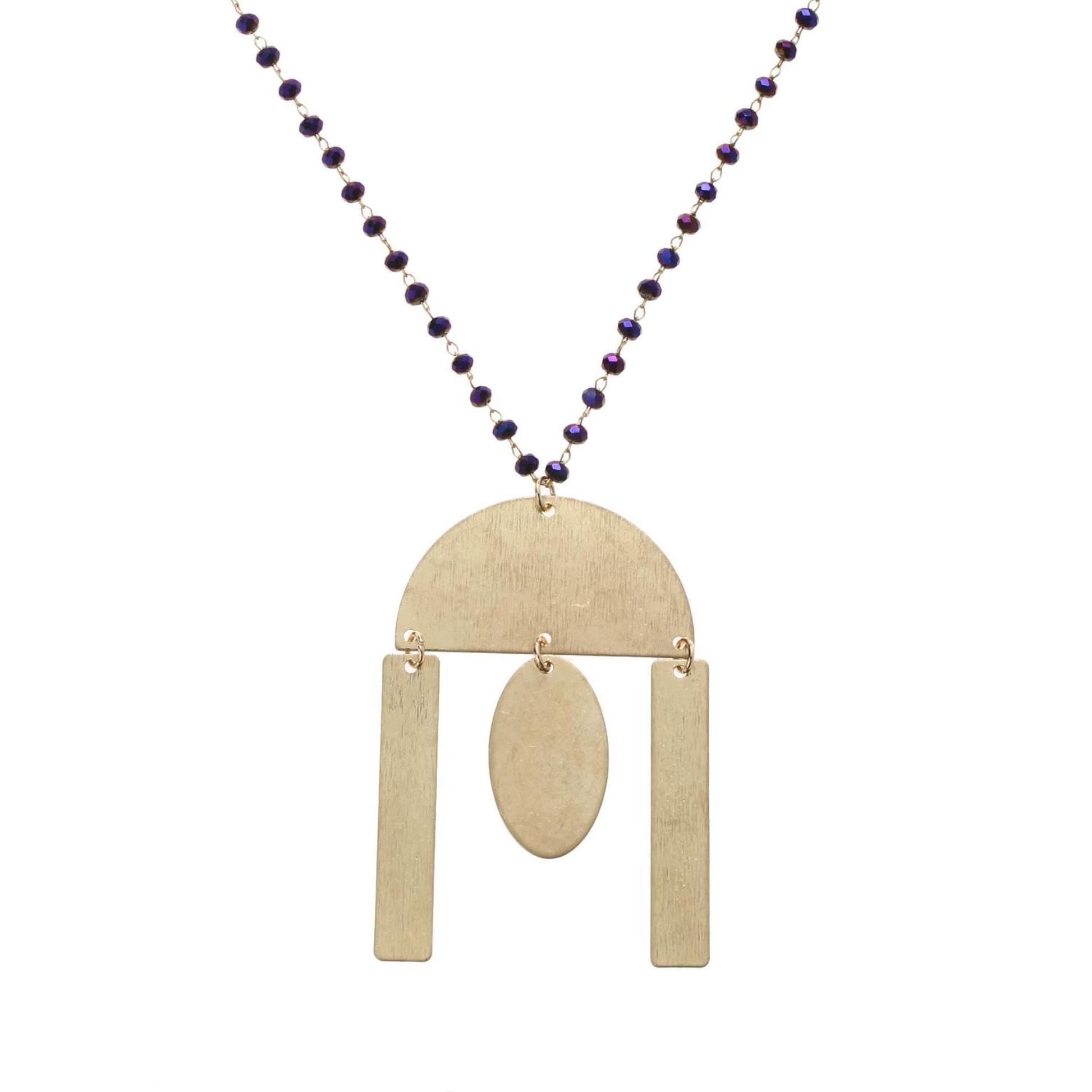 32" Delicate Purple Linked Necklace with Gold Semi Circle with Multi Shape Dangles, 3" Ext