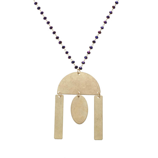 32" Delicate Purple Linked Necklace with Gold Semi Circle with Multi Shape Dangles, 3" Ext