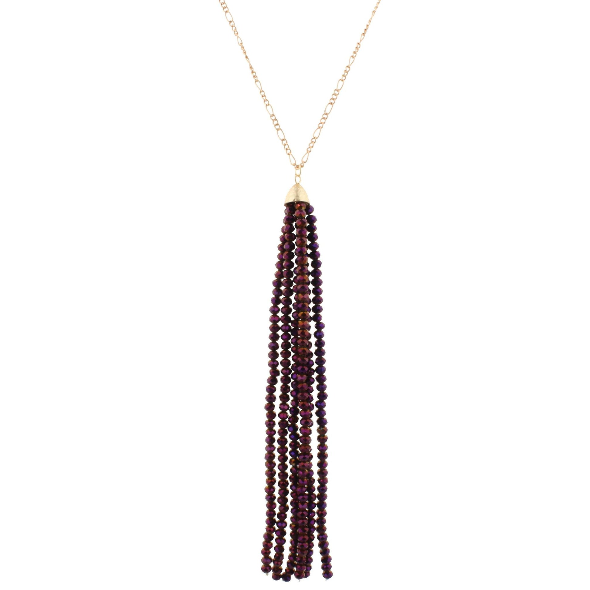 32" Gold Chain Necklace with Purple 6.5" Beaded Tassel, 3" Ext