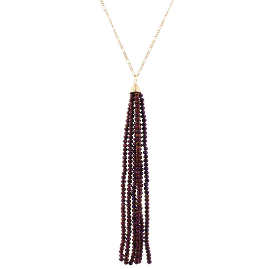 32" Gold Chain Necklace with Purple 6.5" Beaded Tassel, 3" Ext