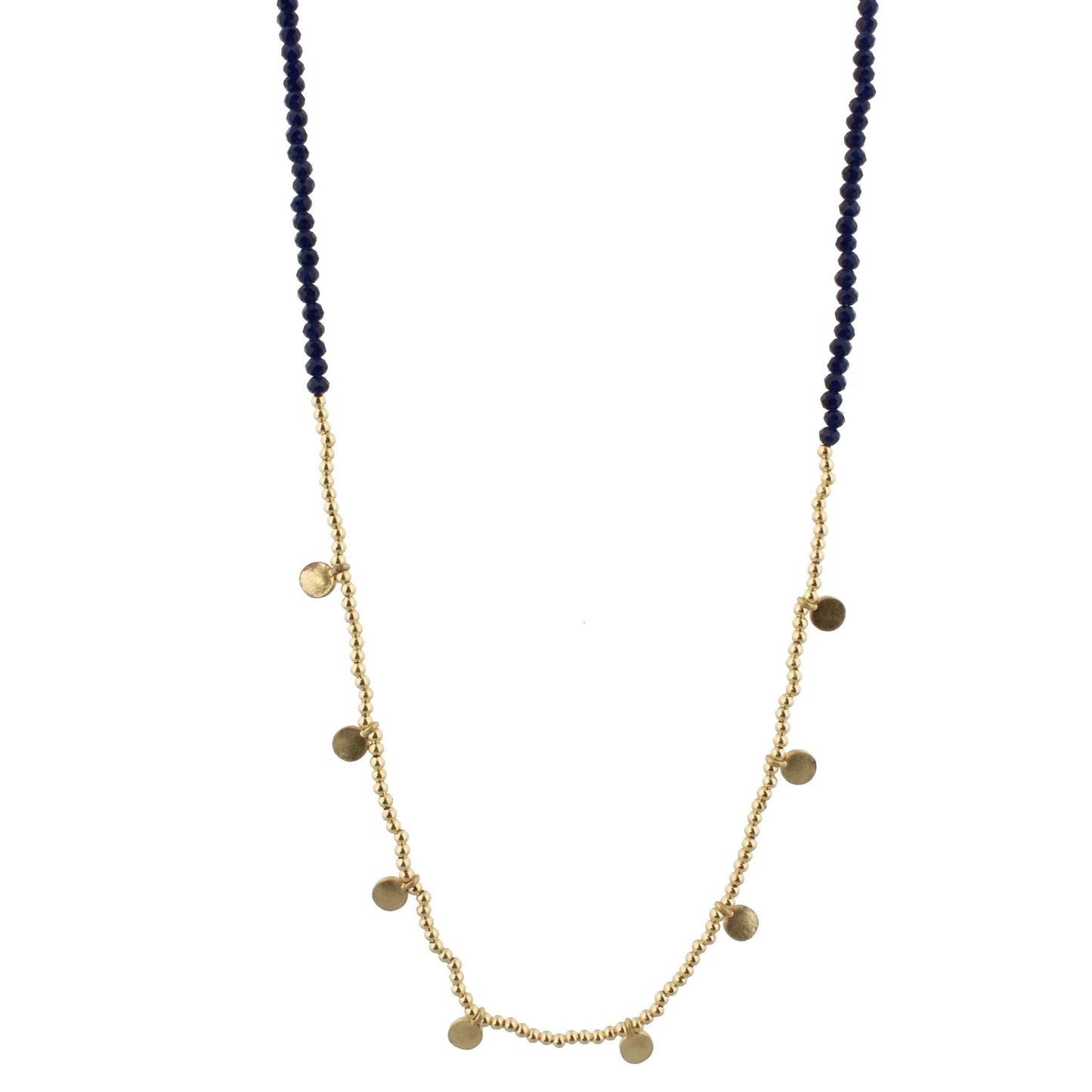 32" Navy Beaded Necklace with Gold Bead and Gold Disks, 3" Ext