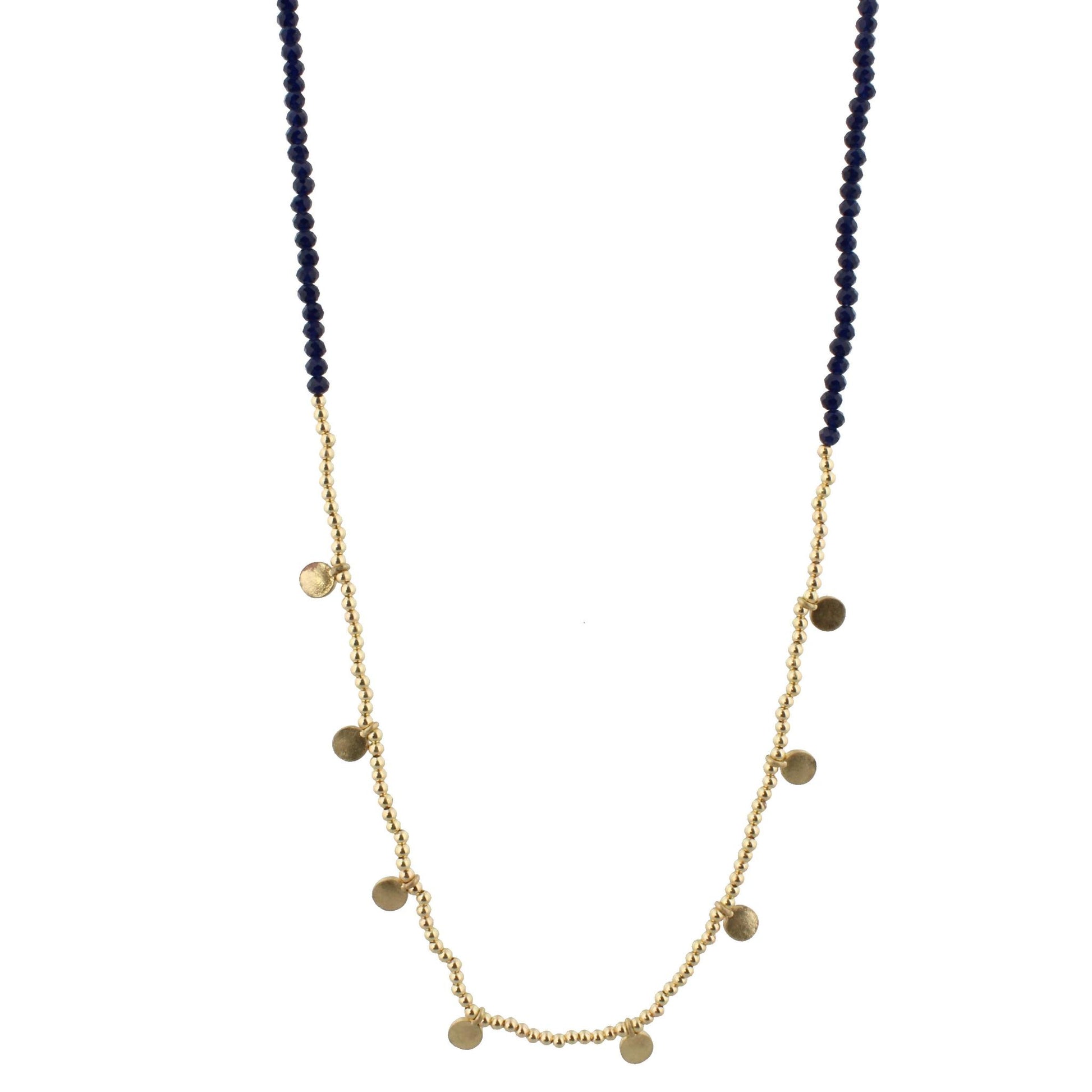 32" Navy Beaded Necklace with Gold Bead and Gold Disks, 3" Ext
