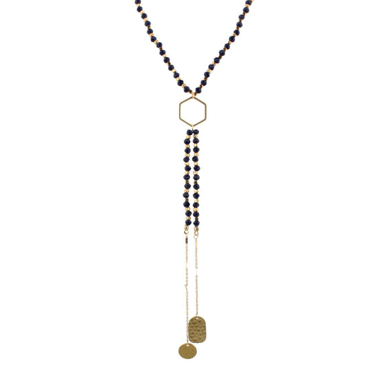 32" Navy Beaded, Hexagon Y Necklace with Two Strand Dangles, 3" Ext