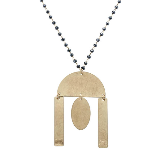 32" Delicate Navy Linked Necklace with Gold Semi Circle with Multi Shape Dangles, 3" Ext