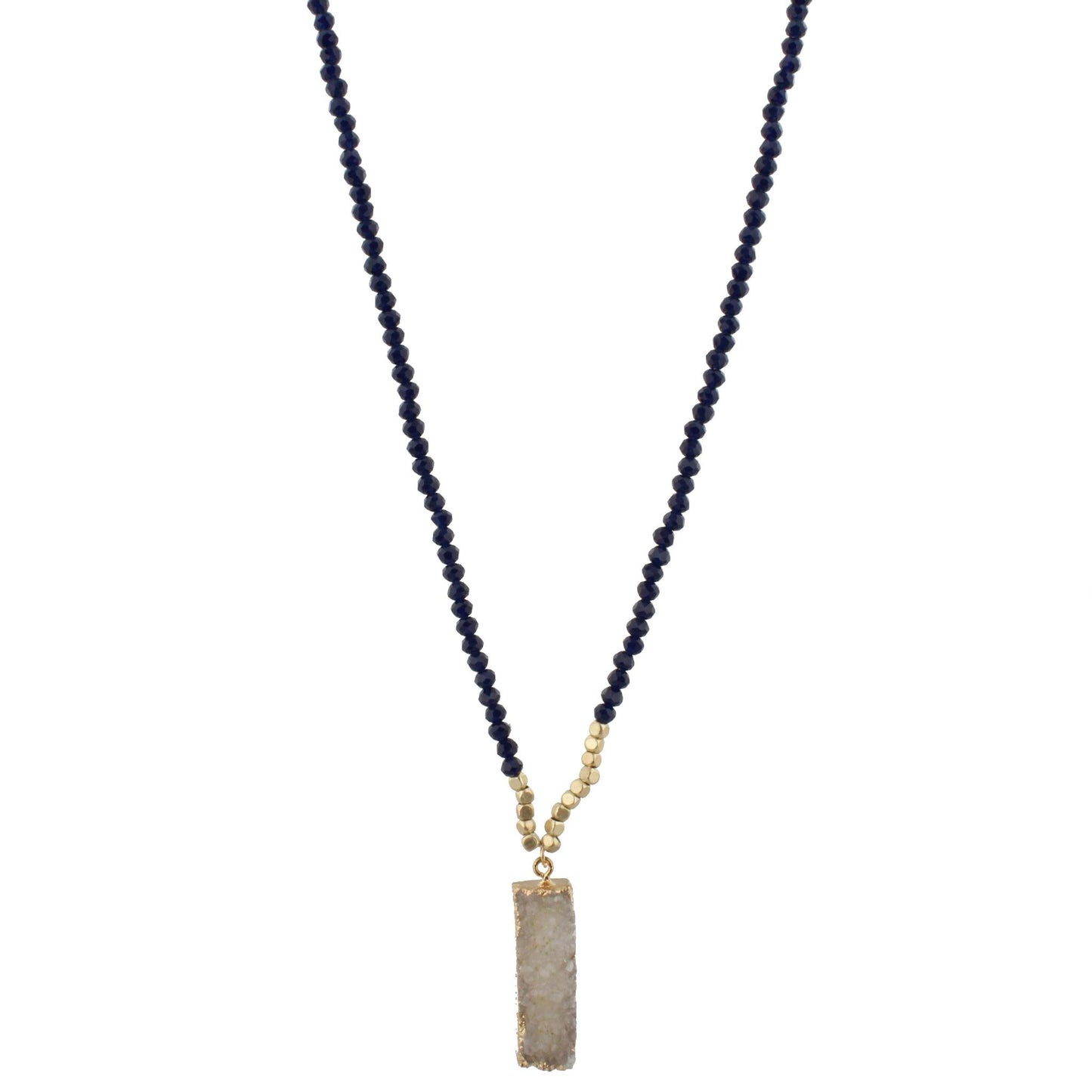 32" Navy Beaded Necklace with White Druzy Rectangle, 3" Ext