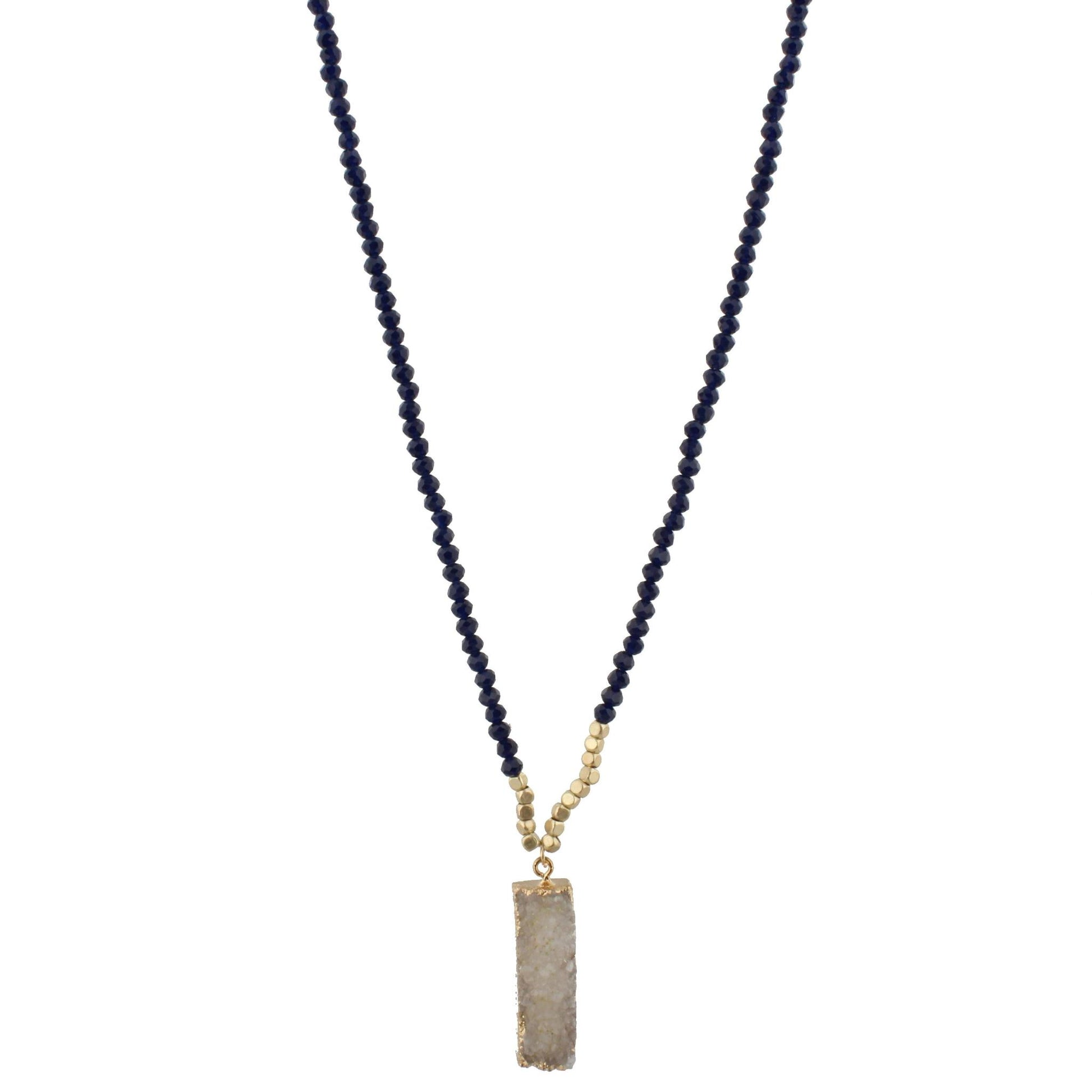 32" Navy Beaded Necklace with White Druzy Rectangle, 3" Ext