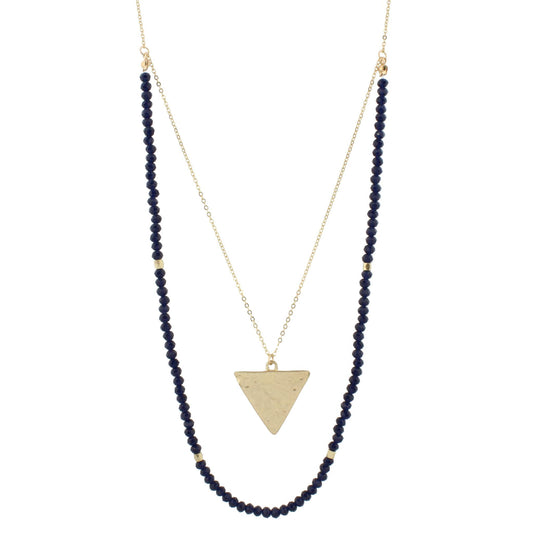 32" Navy Beaded Double Layer Necklace with Gold Triangle, 3 Ext